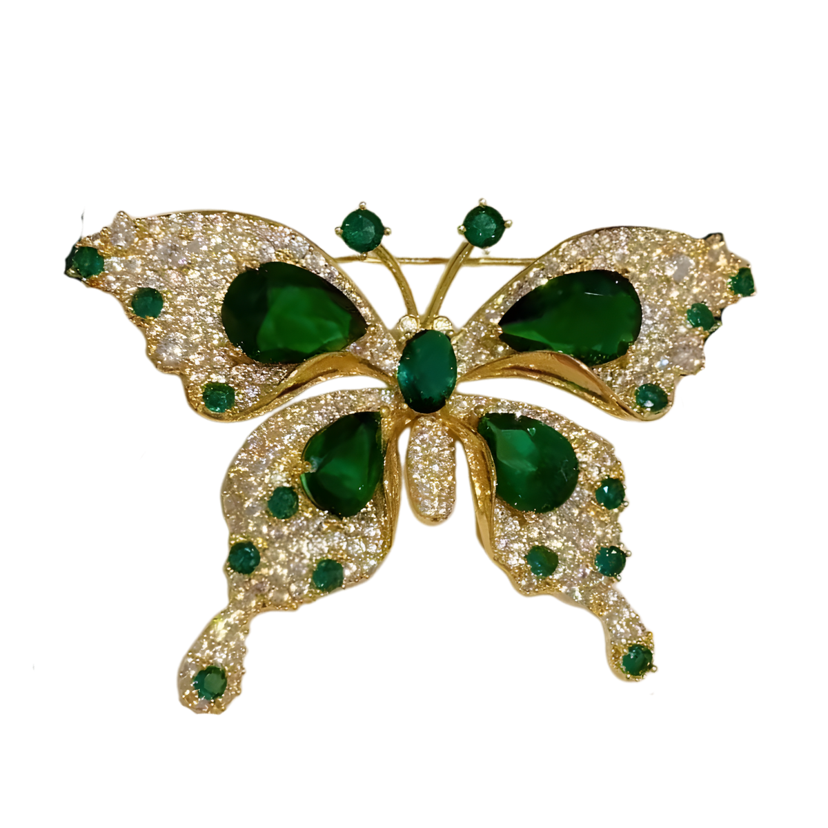 Butterfly Brooch with Green Gems Gold Tone