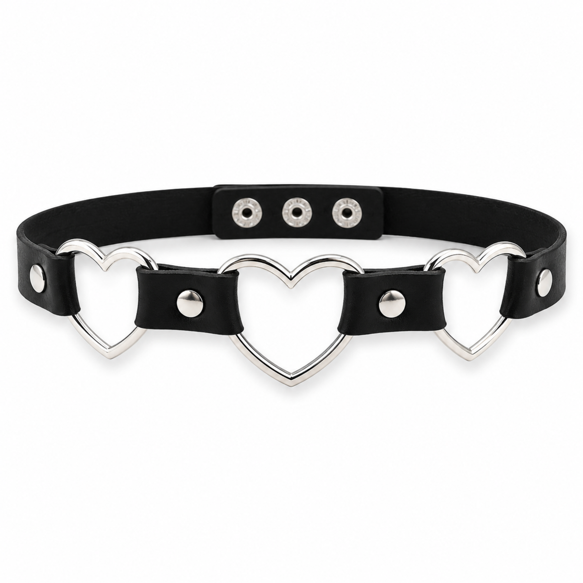 Heart Choker with Three Metal Hearts, Faux Leather