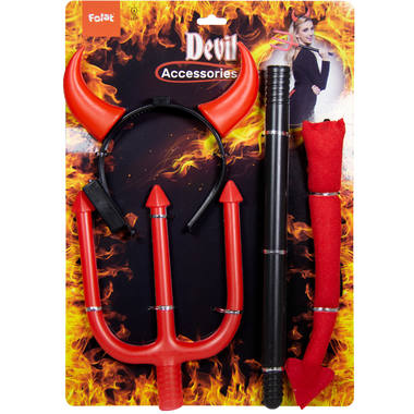 Disfraz de diablo rojo set de 3 piezas, diadema, cola y tridente