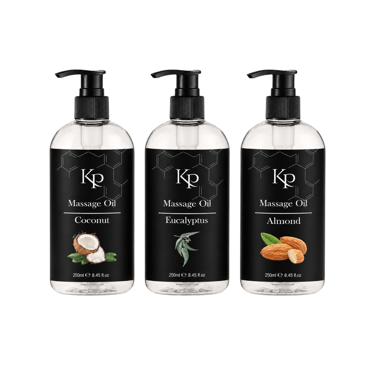 Massage Oil Trio - Almond, Eucalyptus and Coconut - 3 x 250ml