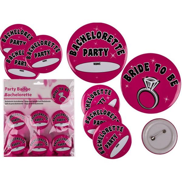 Pink polterabend-badges sæt med 7 inkl. Bride to Be-badge