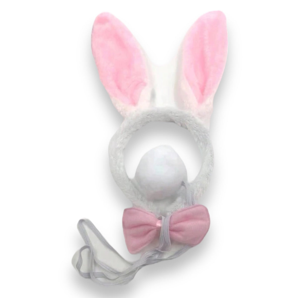 White Bunny Ears Set with Tail and Bow Tie, 3 Pieces