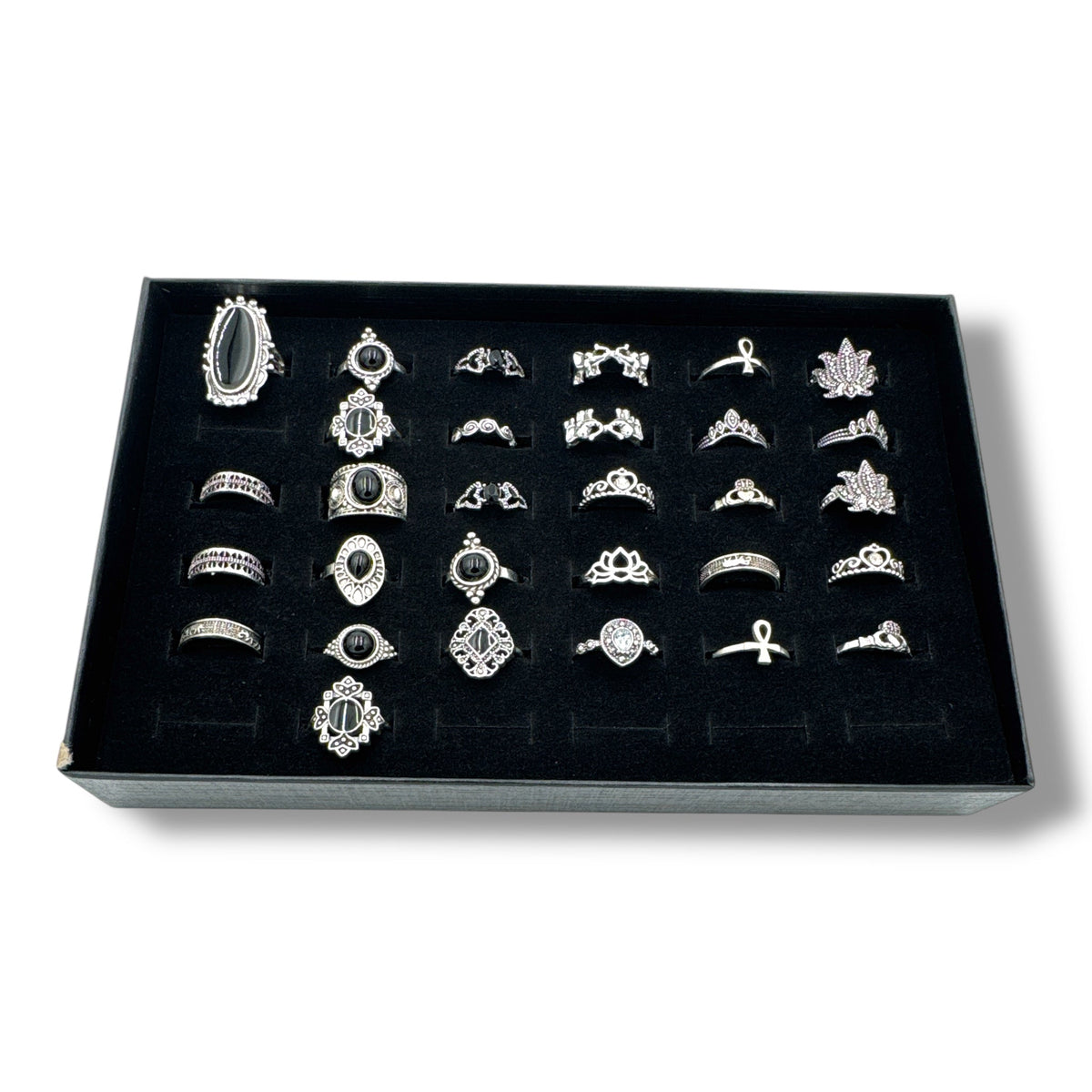30-Piece Boho Ring Set Silver and Black in Gift Box