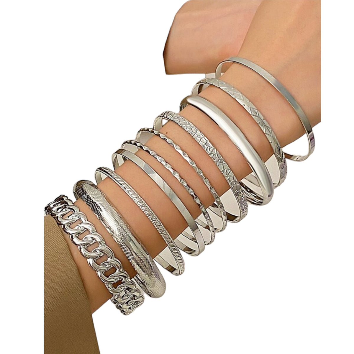 Silver Bracelet Set for Women - 10 Pieces