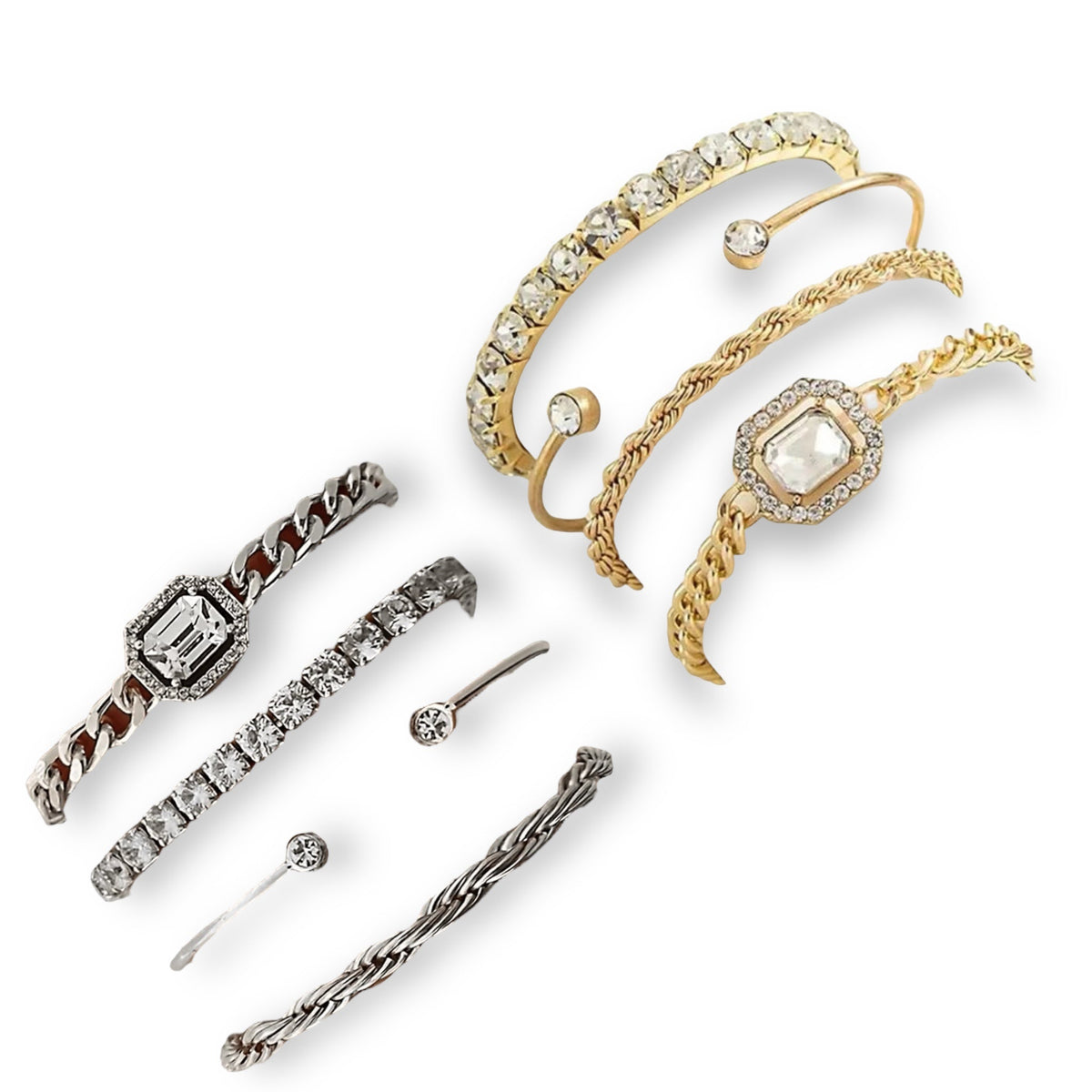 Diamond Bracelet Set for Women - 4 Pieces, Silver & Gold