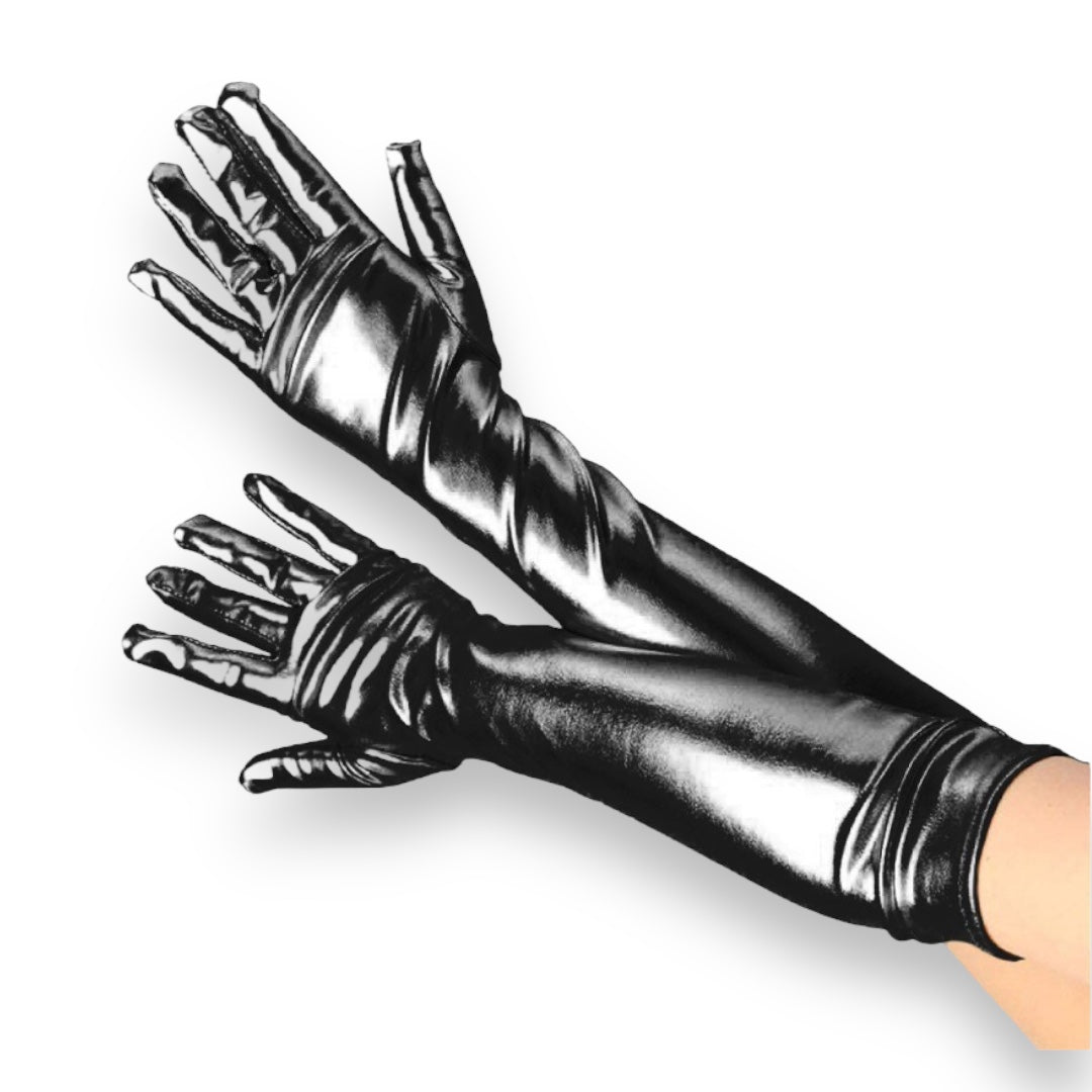 Long Wetlook Gloves - Black