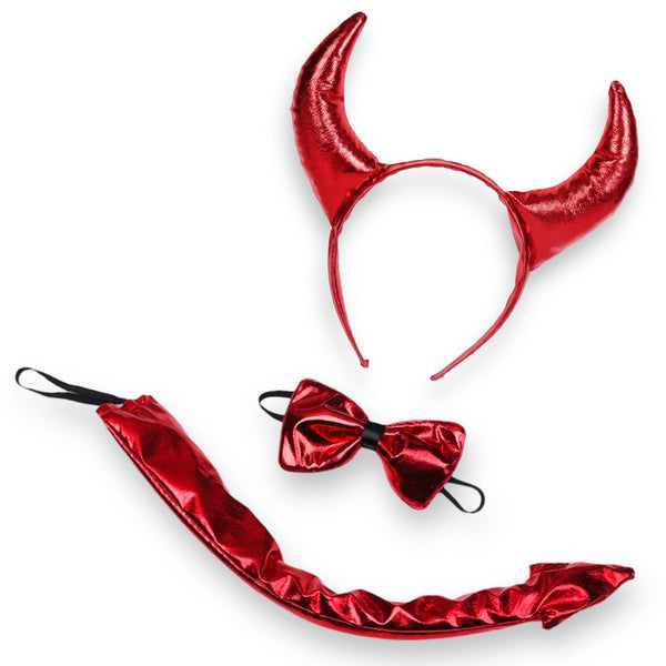 Kit de disfraz de diablo rojo 3 piezas, diadema, pajarita y cola