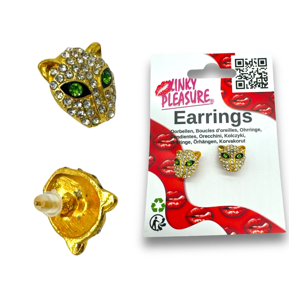 Diamond Tiger Earrings with Faux Diamonds, Silver Tone