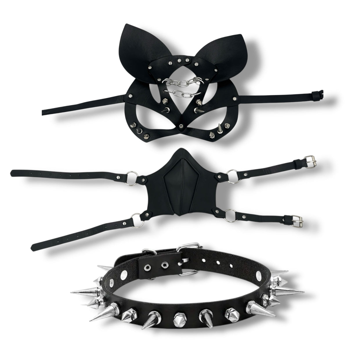 Black Roleplay Mask Set with Collar, 3 Pieces