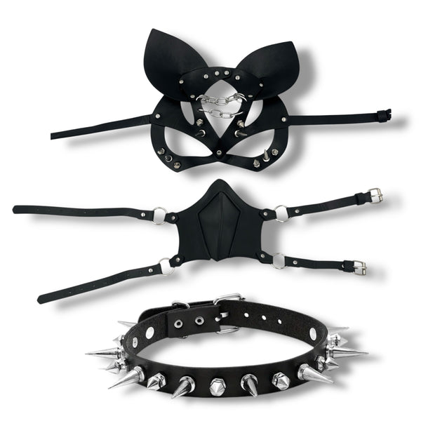Svart Roleplay Masksett med Halsband, 3 Delar