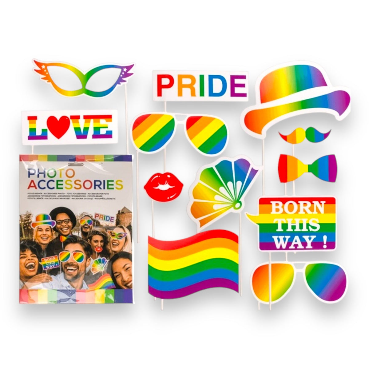 Pride Photo Props Set with Rainbow Flags and Hearts