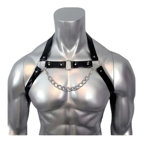Zwarte bodyharnas met verstelbare bandjes en metalen ringen