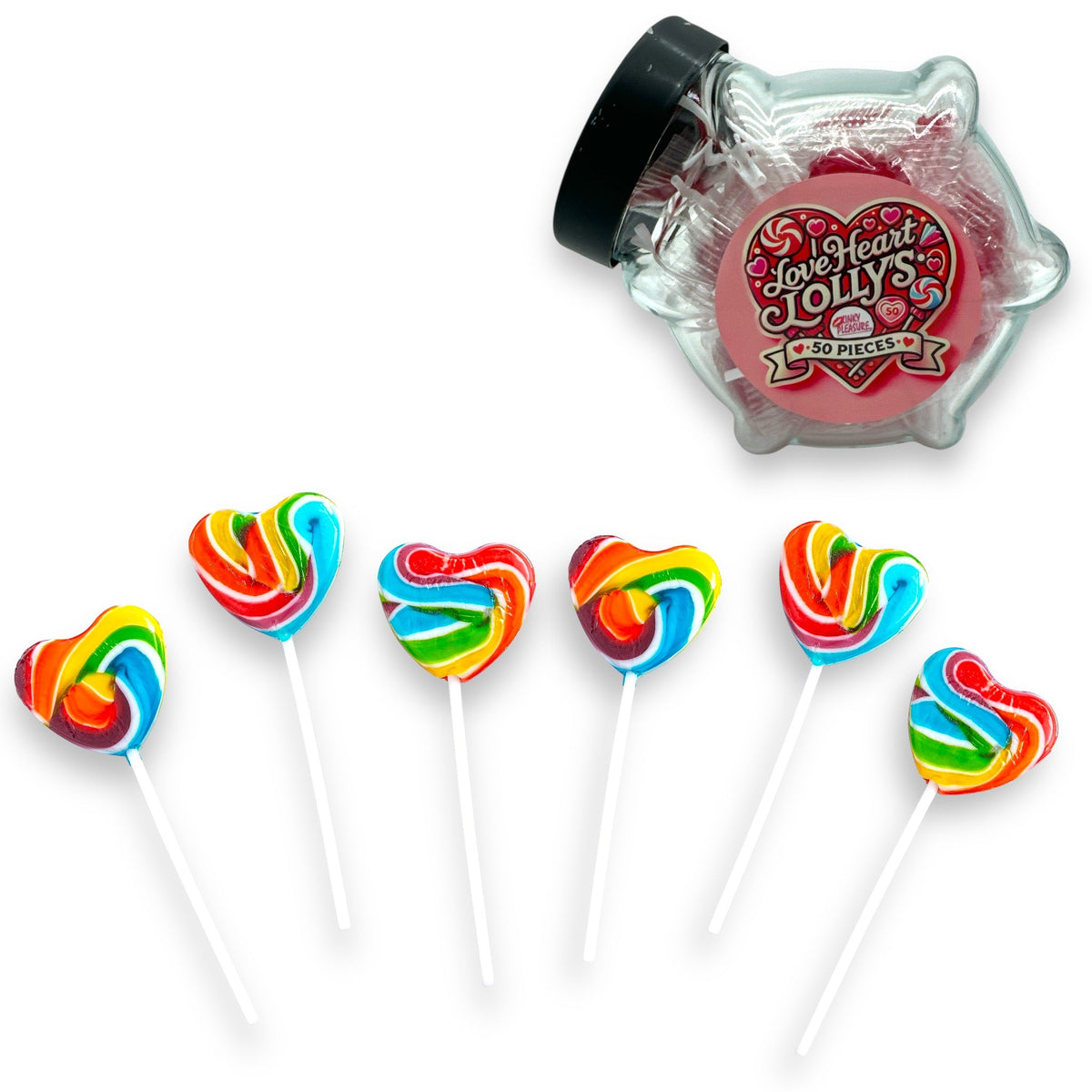 Rainbow Heart Lollipops in Glass Jar, 50 Pieces