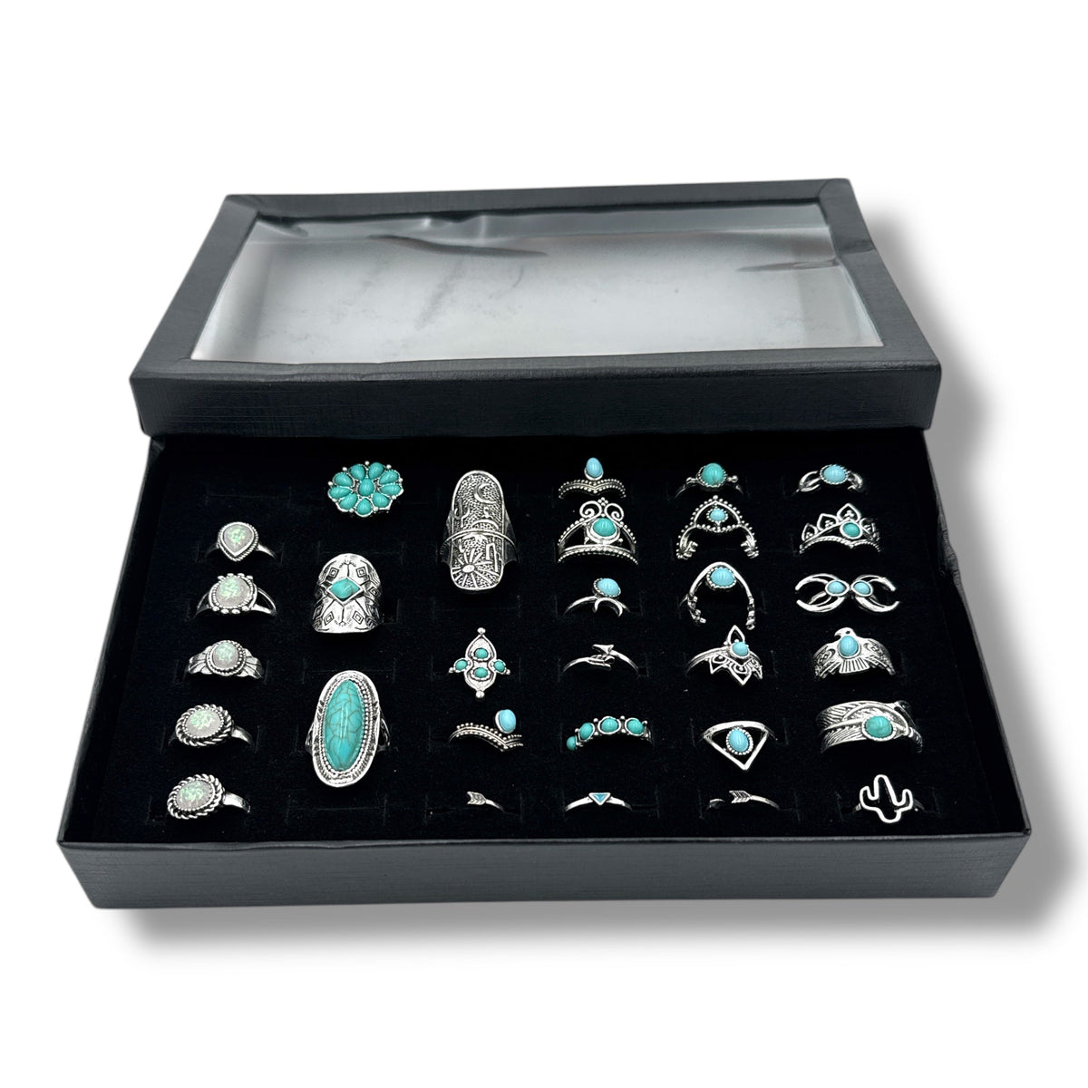 30-Piece Boho Ring Set Silver and Turquoise in Gift Box