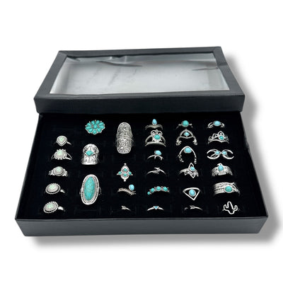 Set di 30 anelli boho argento e turchese in scatola regalo