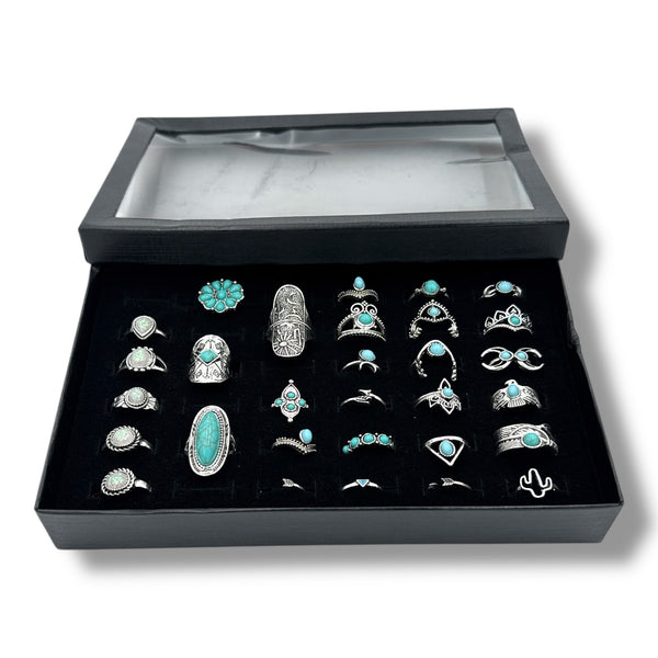 Set di 30 anelli boho argento e turchese in scatola regalo