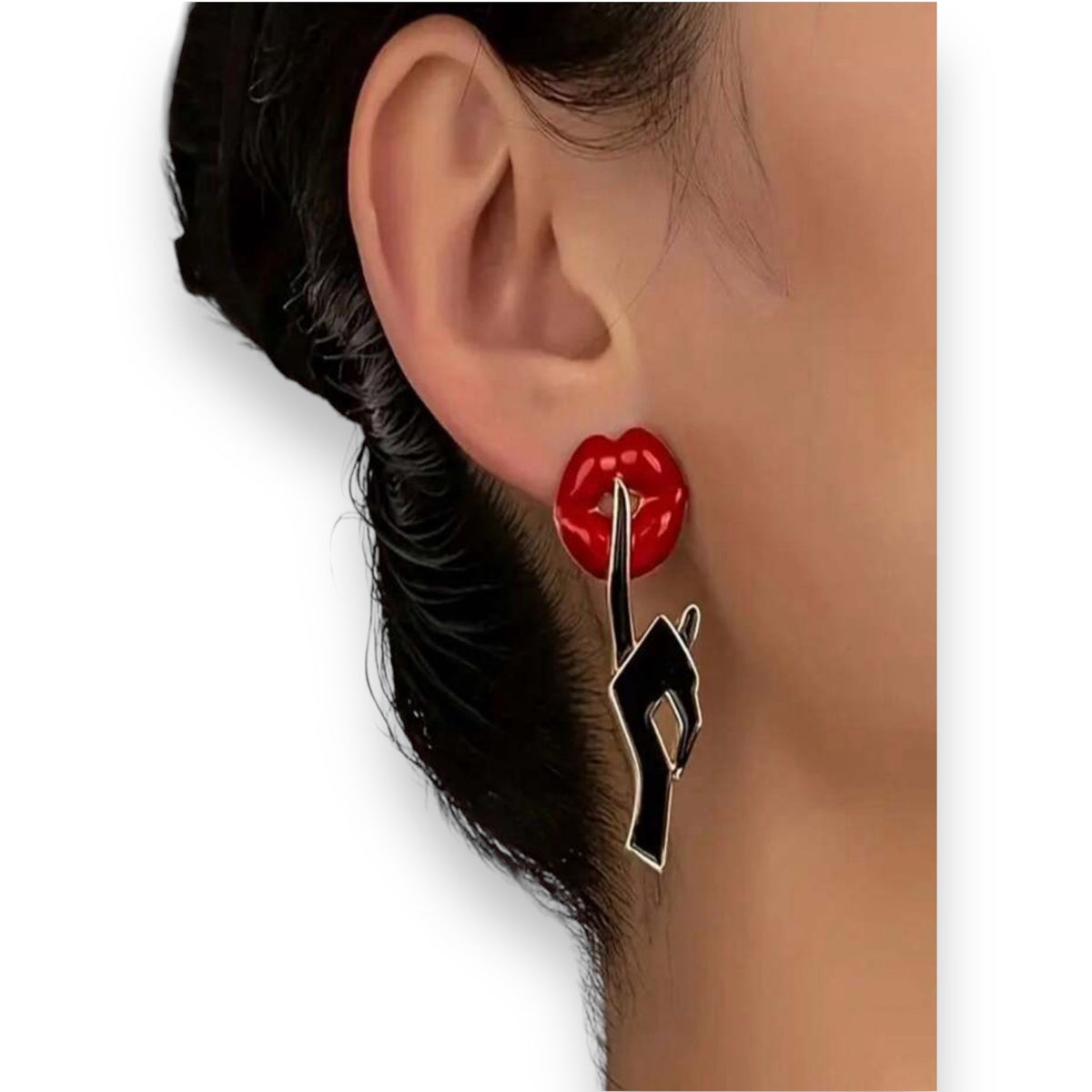 Lips and Hand Earrings - SSST Be Quiet - Red and Black