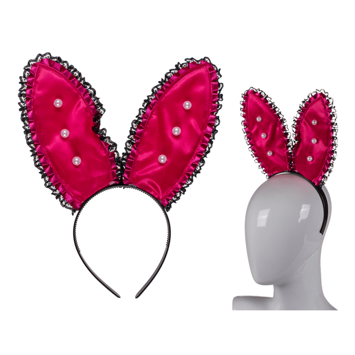 XXL Pink Bunny Ears Tiara With Pearls and Satin Ribbon